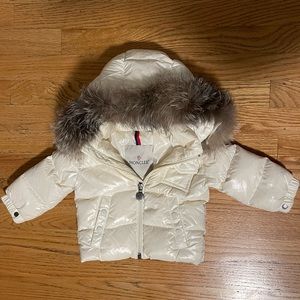 Moncler K2 Fox Fur-Trim Down Puffer Jacket 6-9mo Ivory